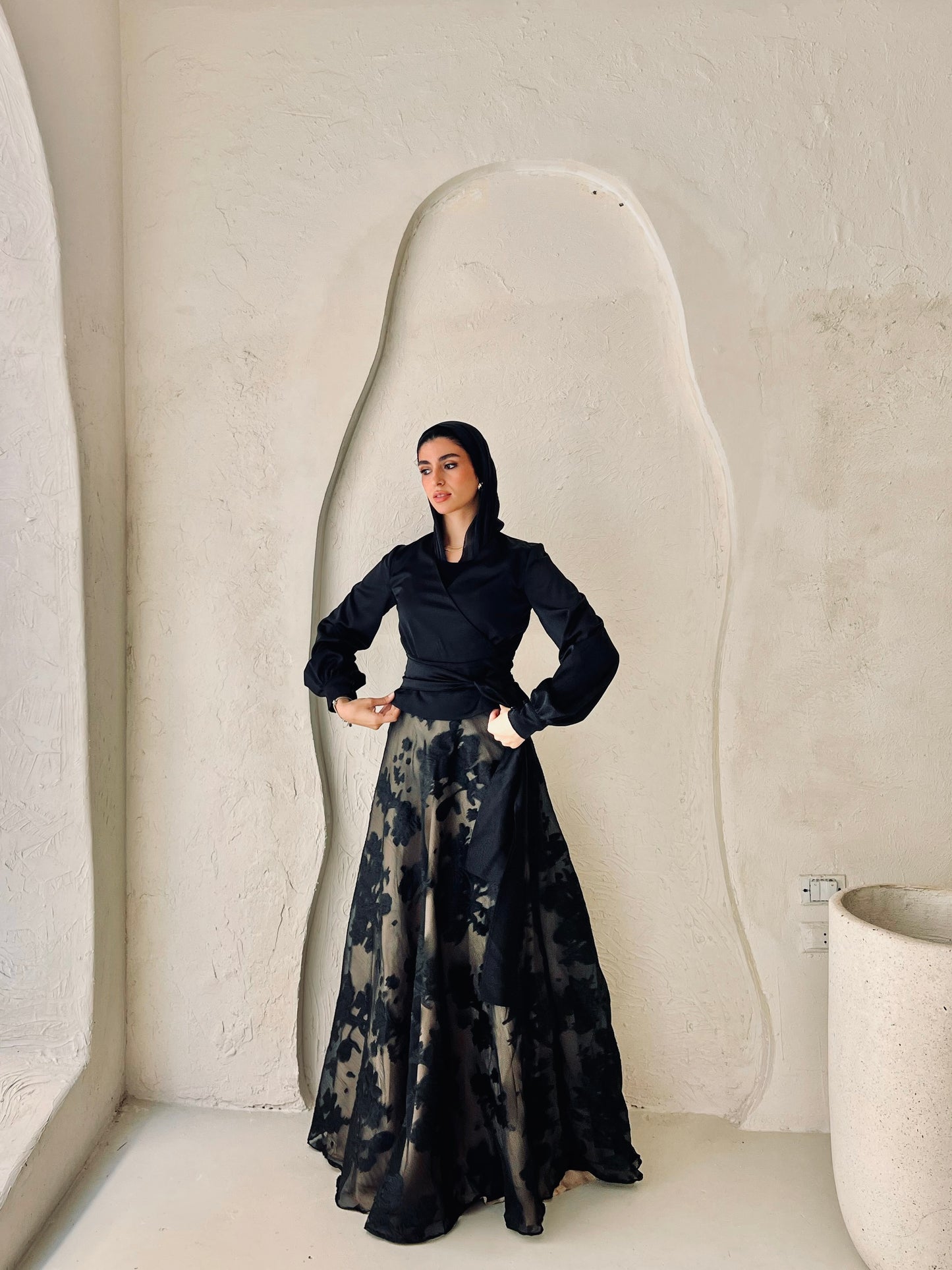 Black Satin Wrap Blouse with Waist Tie