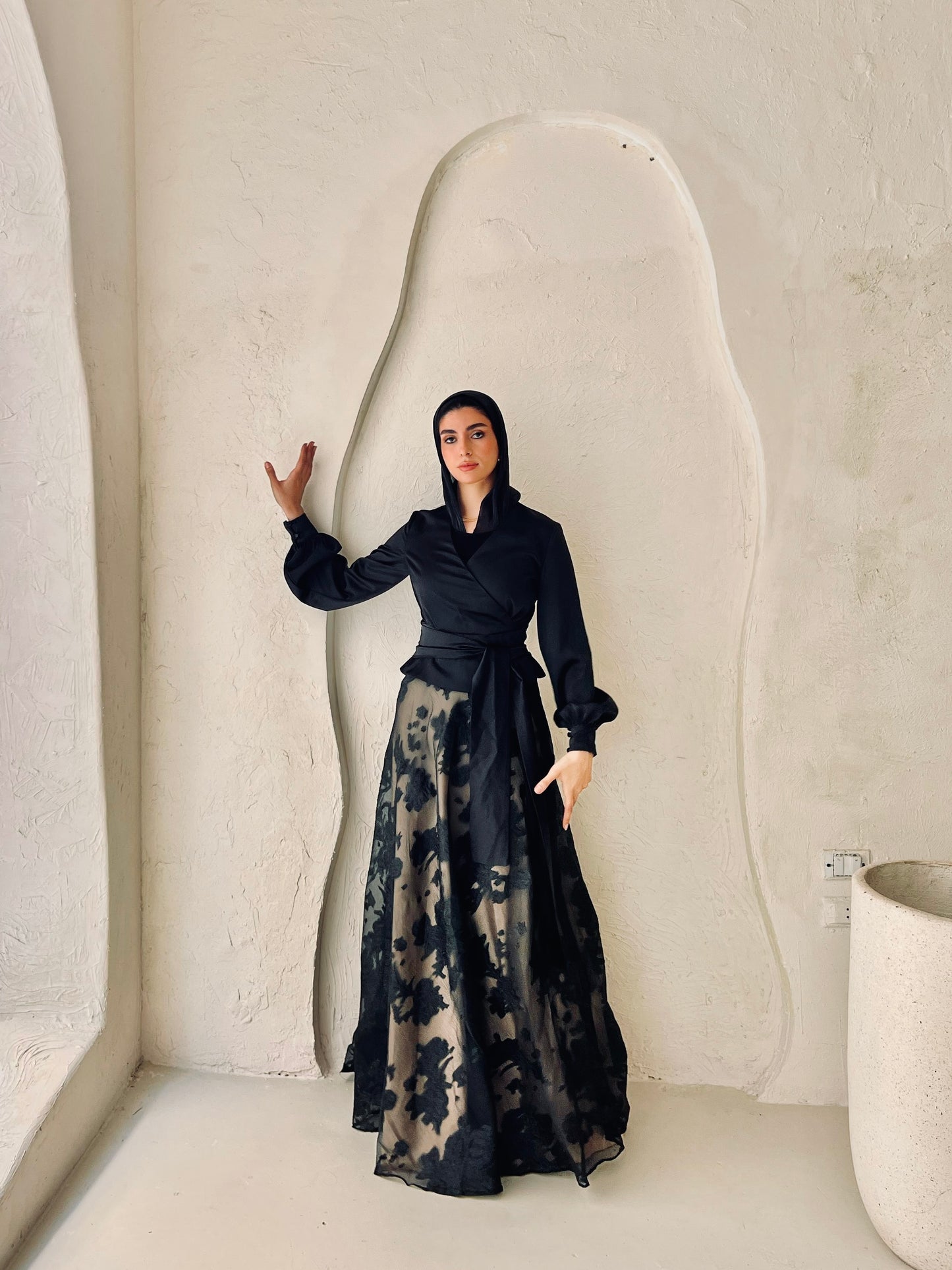 Black Cloche Skirt with Classic Embroidery (Gold Lined)