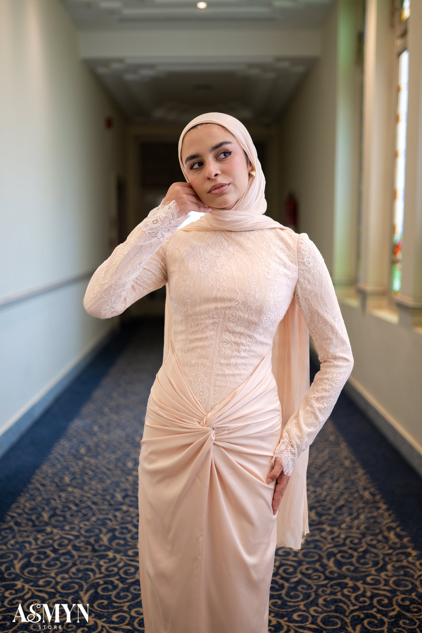 Champagne Lace satin Soiree Dress