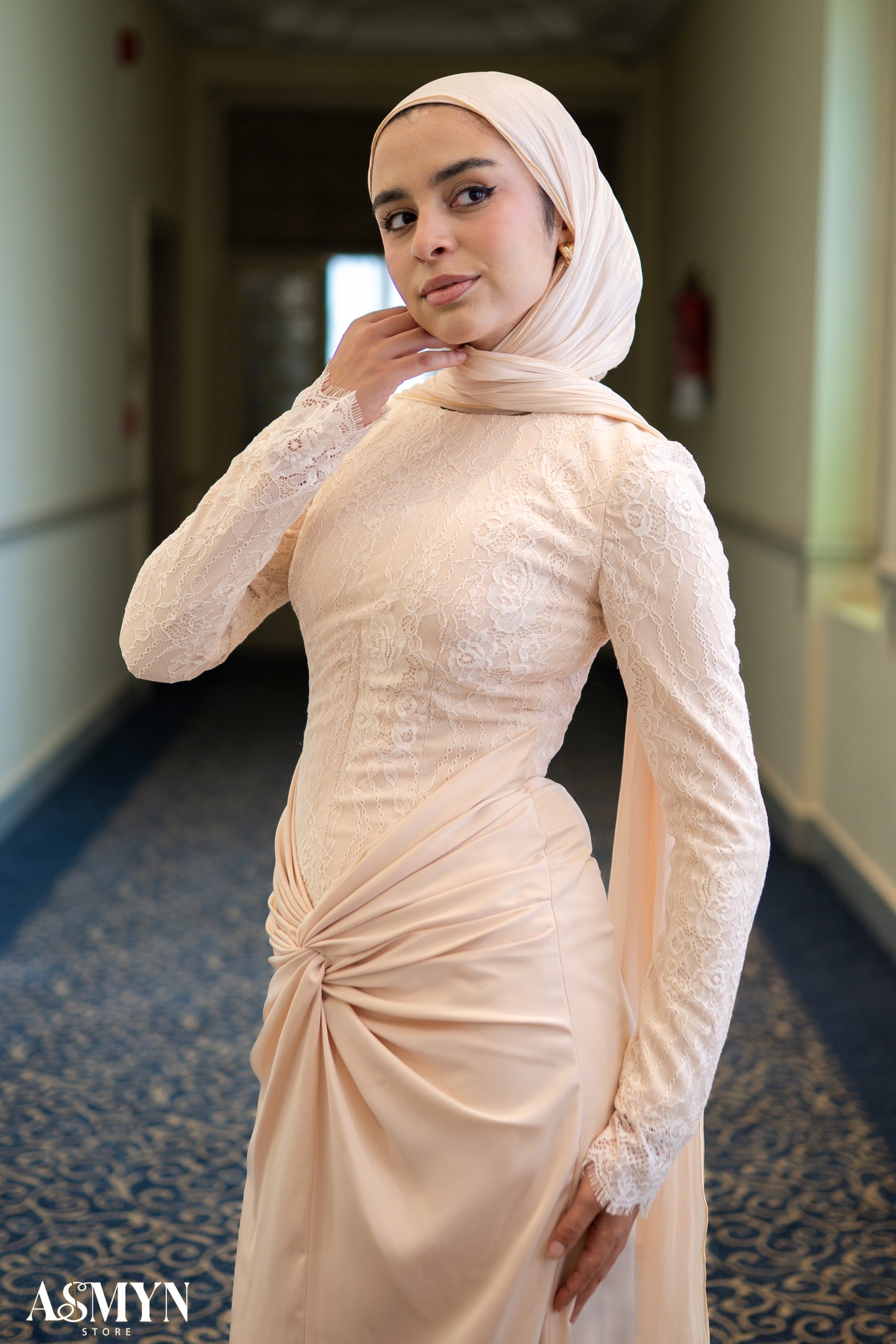 Champagne Lace satin Soiree Dress