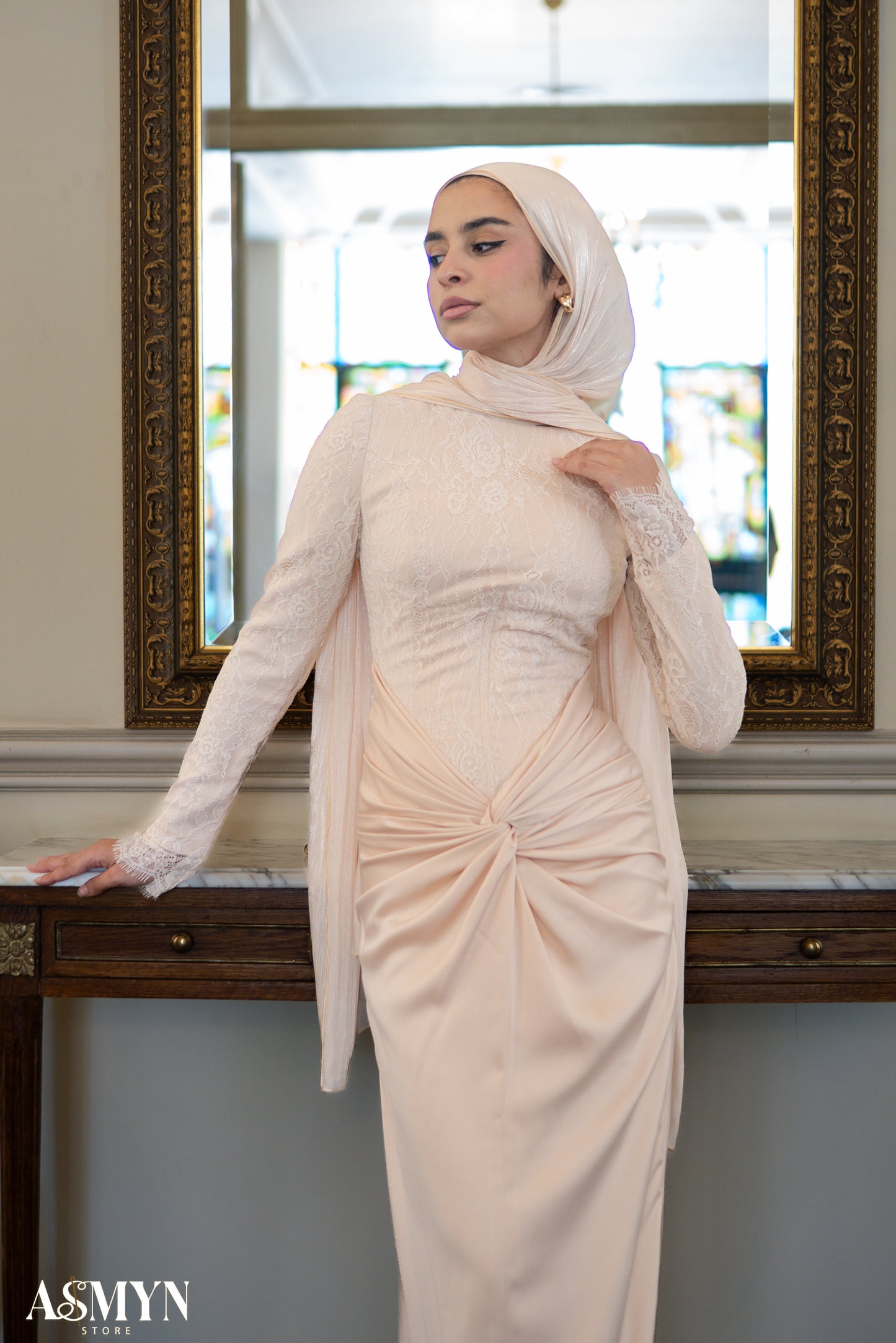 Champagne Lace satin Soiree Dress