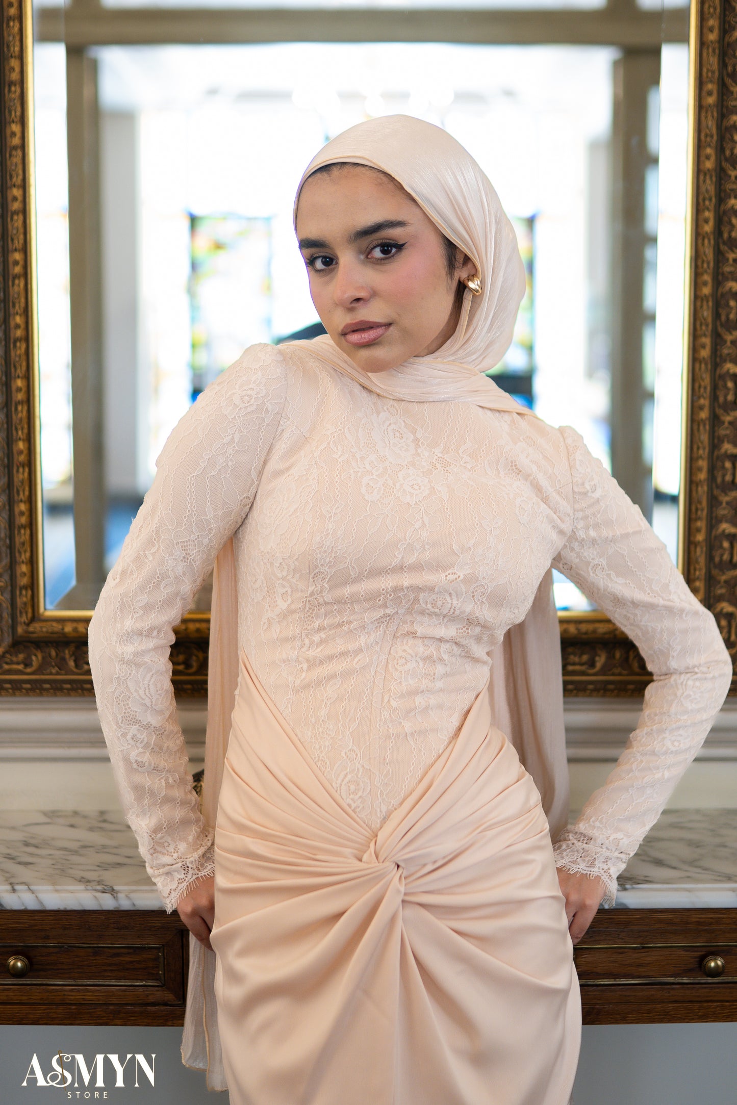 Champagne Lace satin Soiree Dress