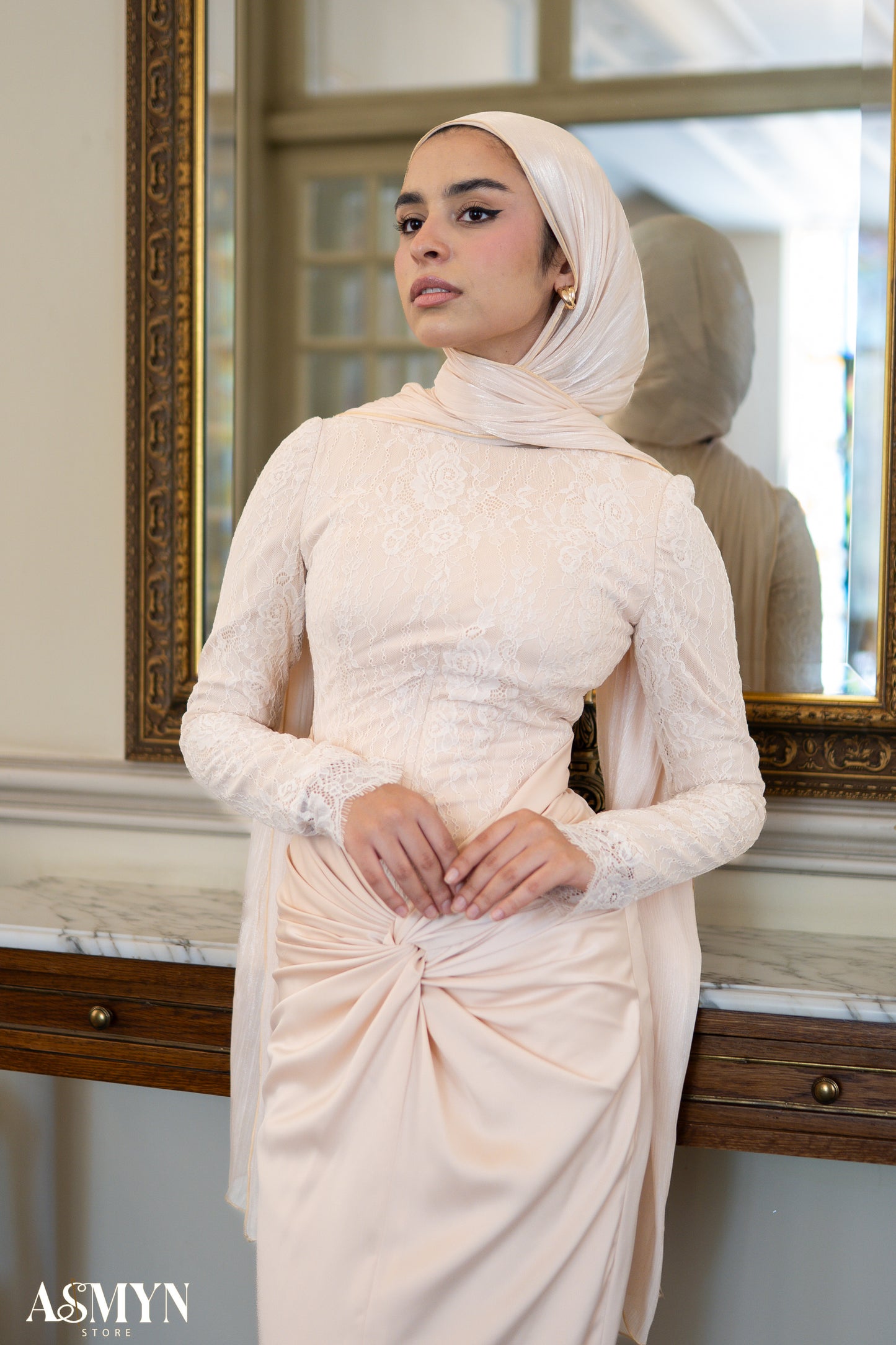 Champagne Lace satin Soiree Dress