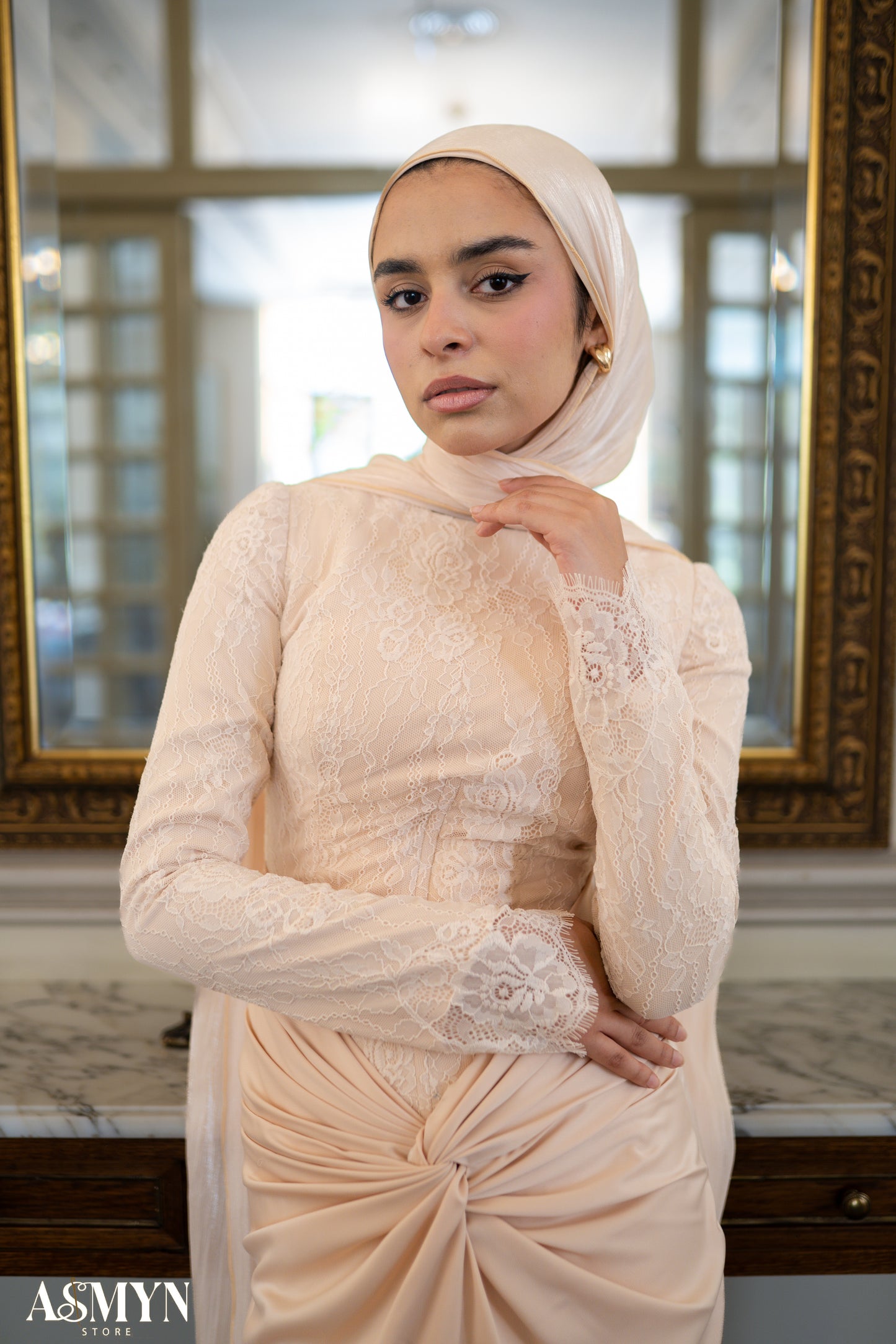 Champagne Lace satin Soiree Dress