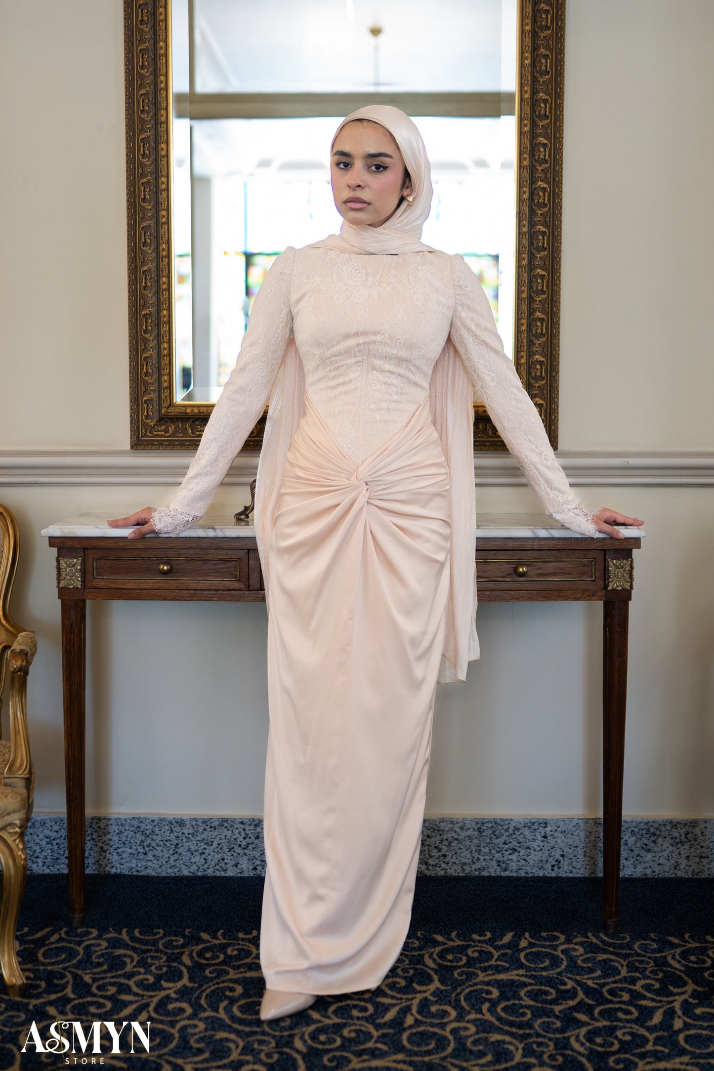 Champagne Lace satin Soiree Dress