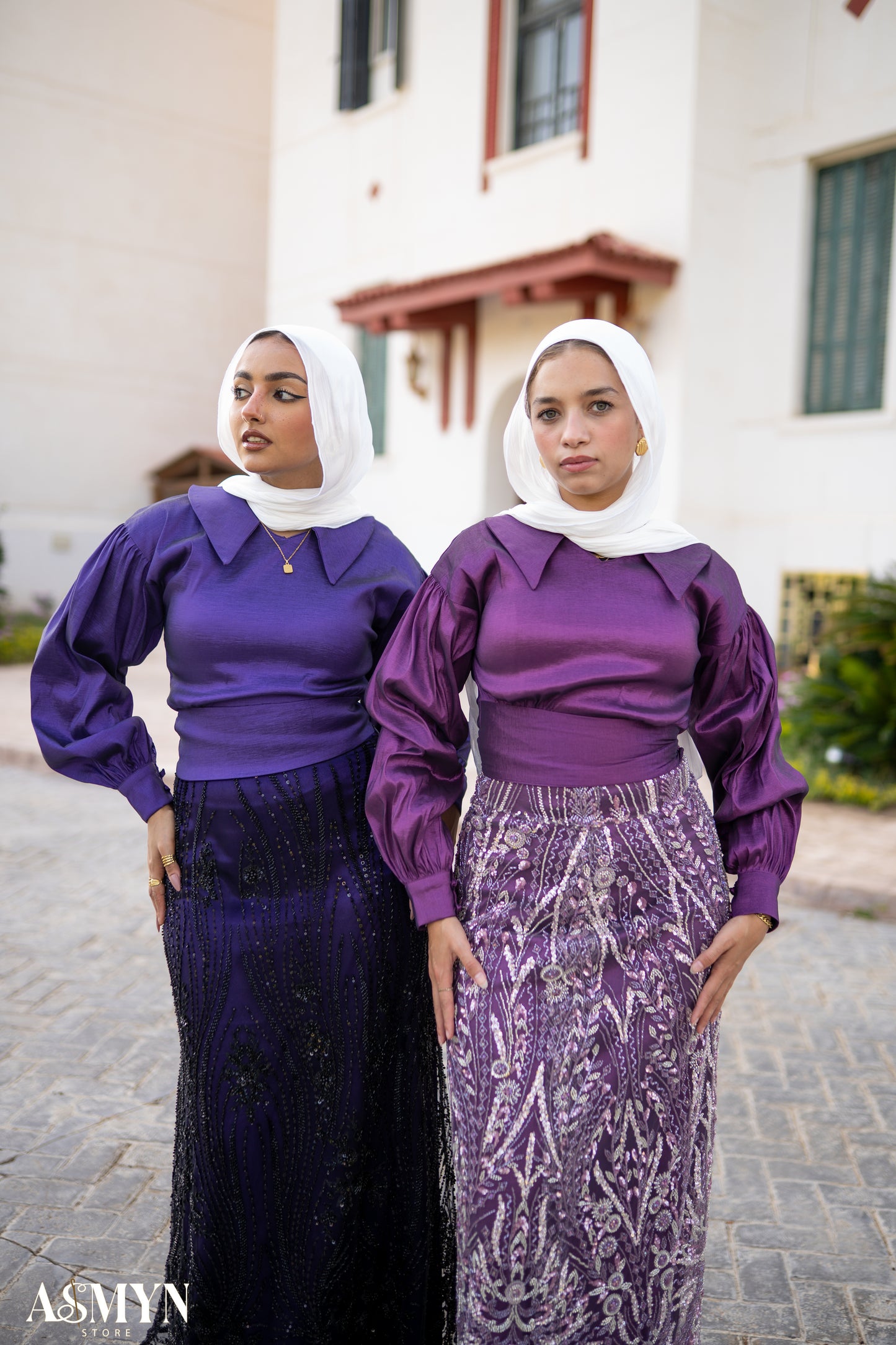 Dark Purple Soirée 2-Pieces Dress Set with Embroidered Skirt