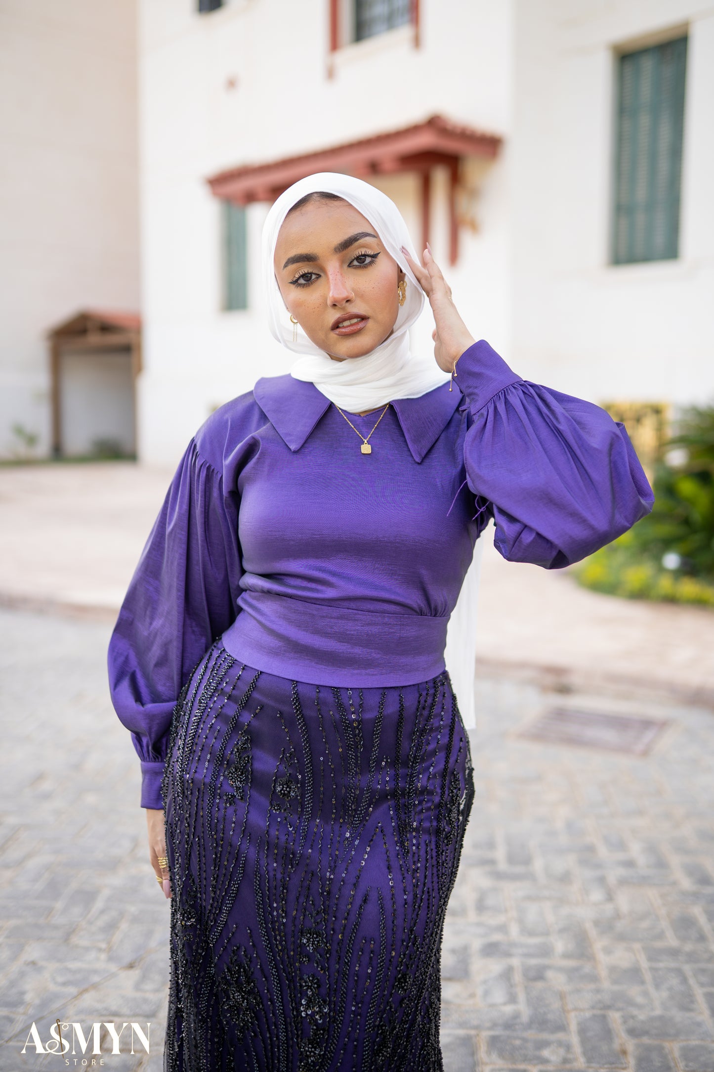 Dark Purple Soirée 2-Pieces Dress Set with Embroidered Skirt