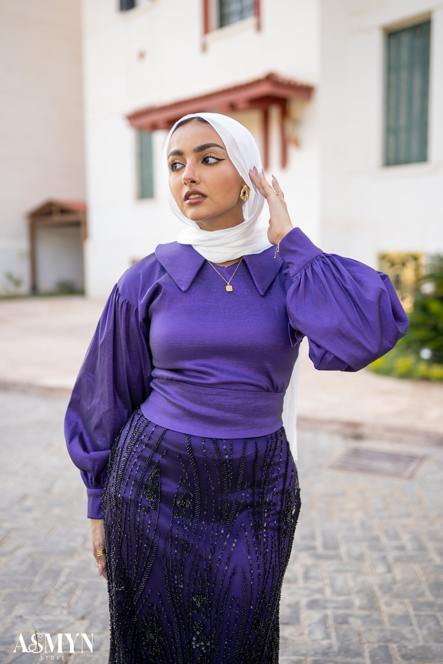 Dark Purple Soirée 2-Pieces Dress Set with Embroidered Skirt