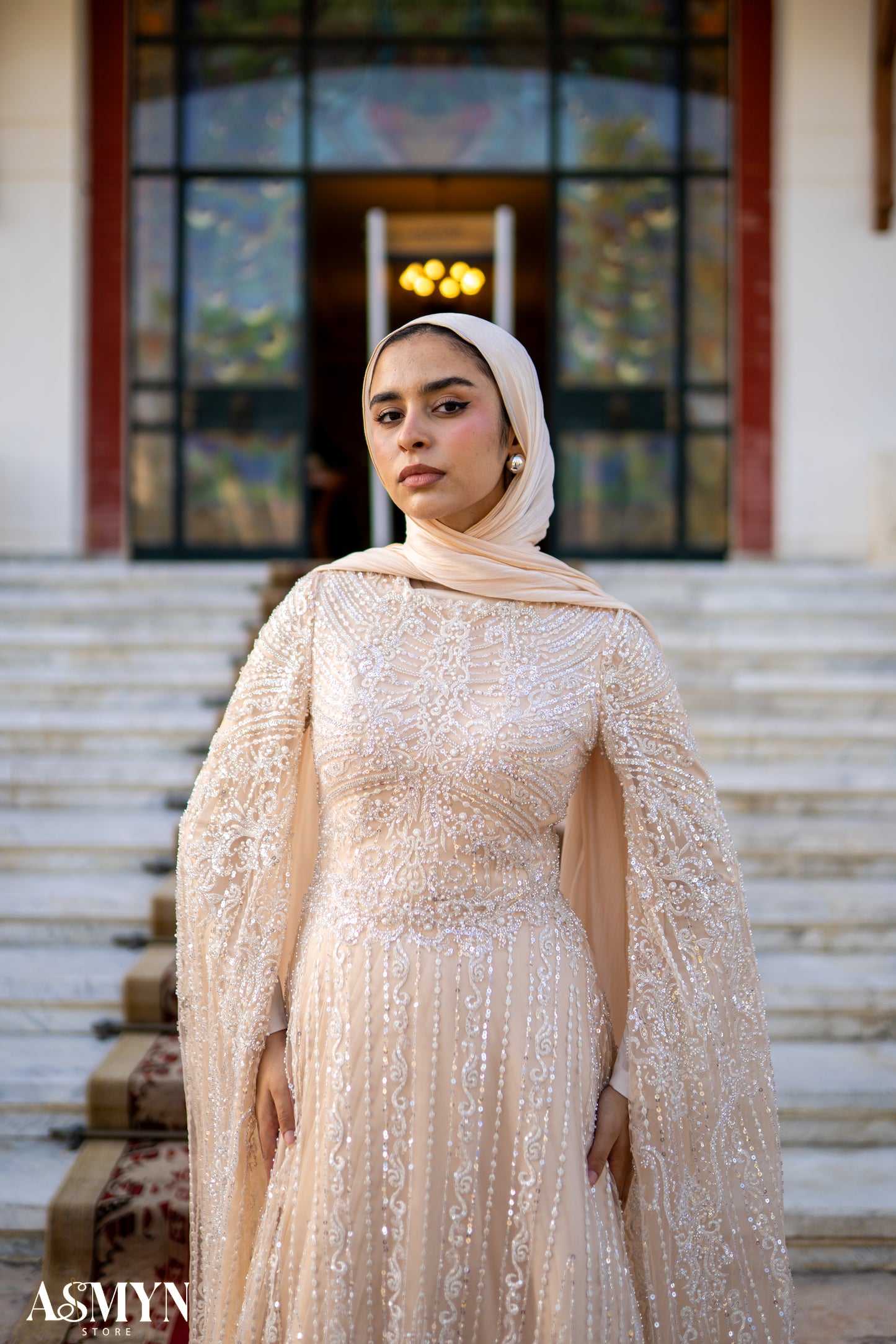 Champagne Embroidered Soiree Dress