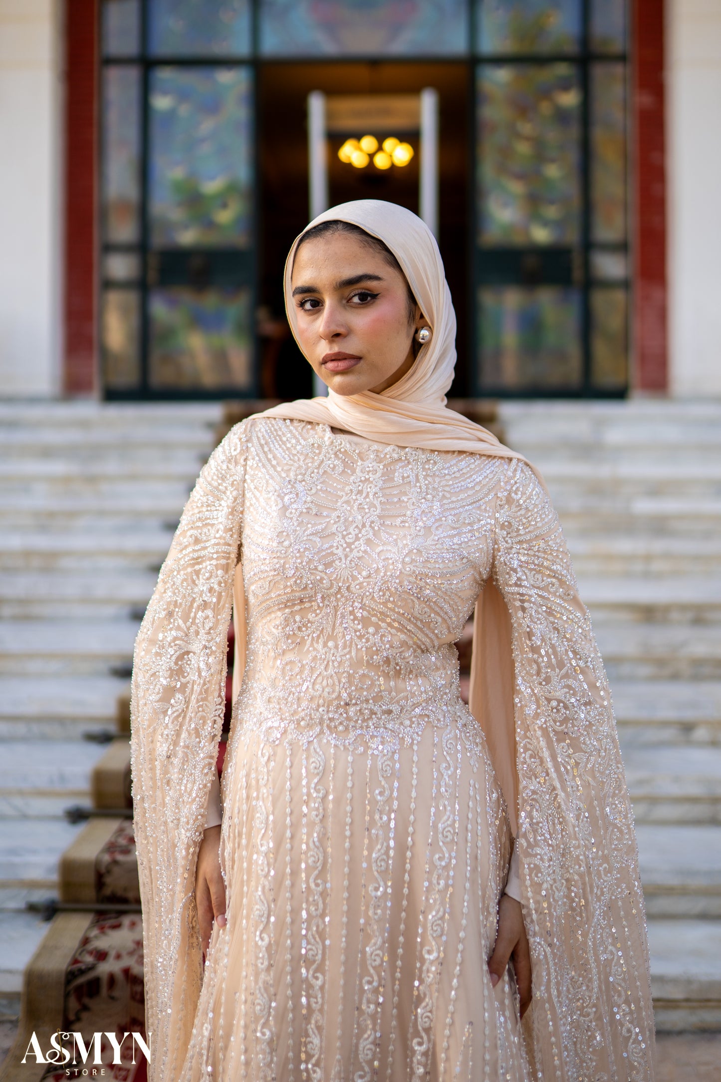 Champagne Embroidered Soiree Dress