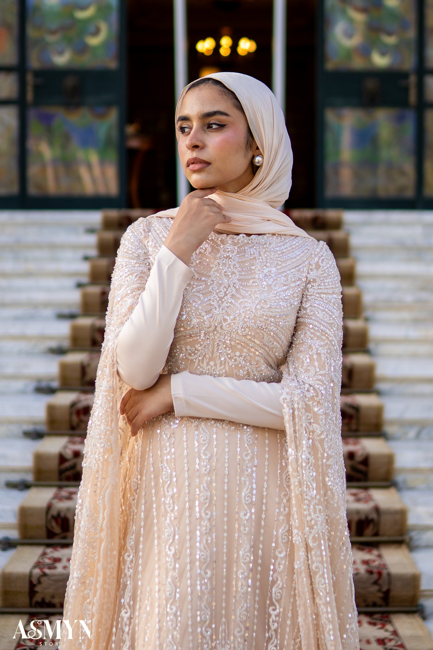Champagne Embroidered Soiree Dress