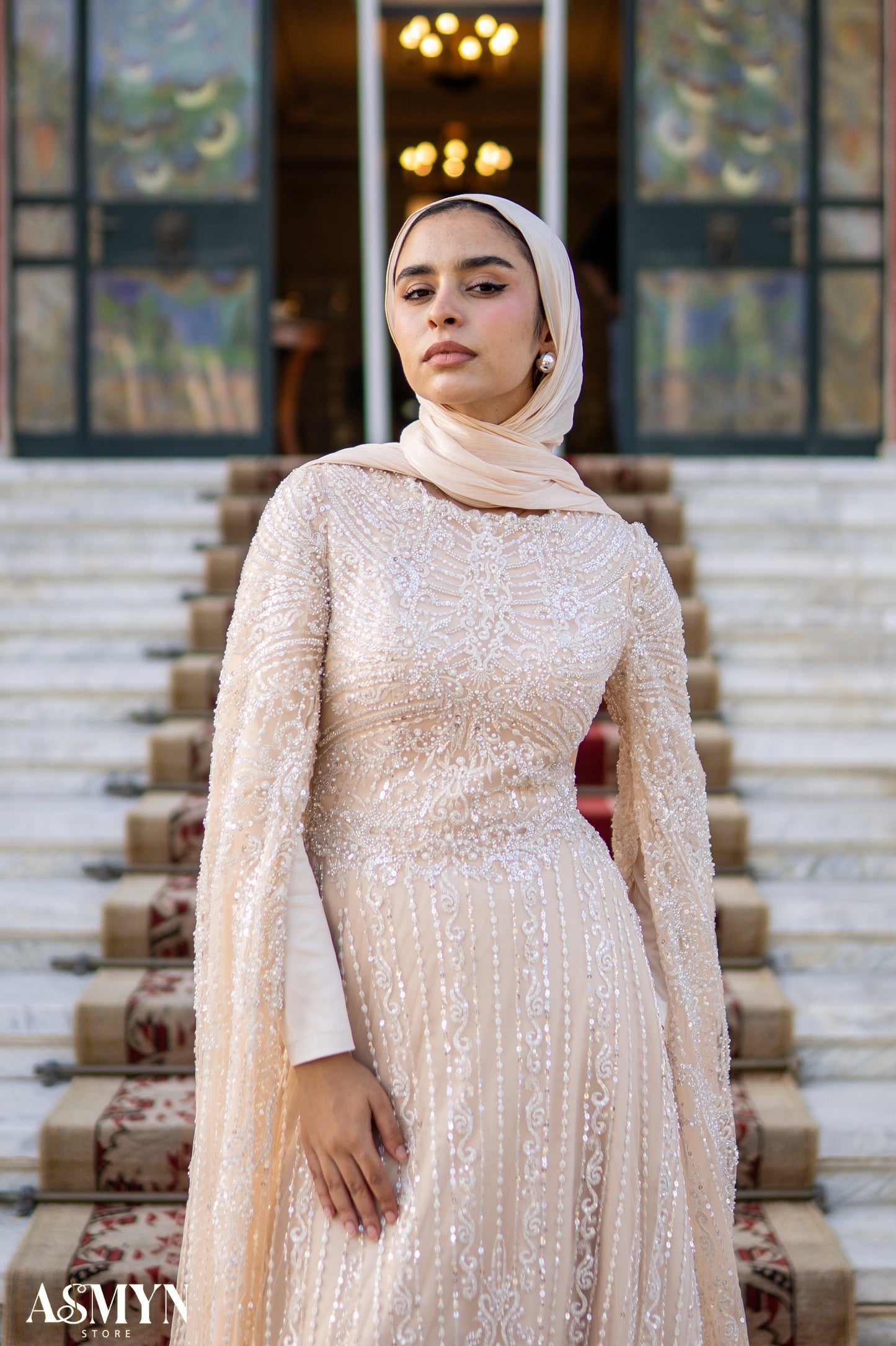 Champagne Embroidered Soiree Dress