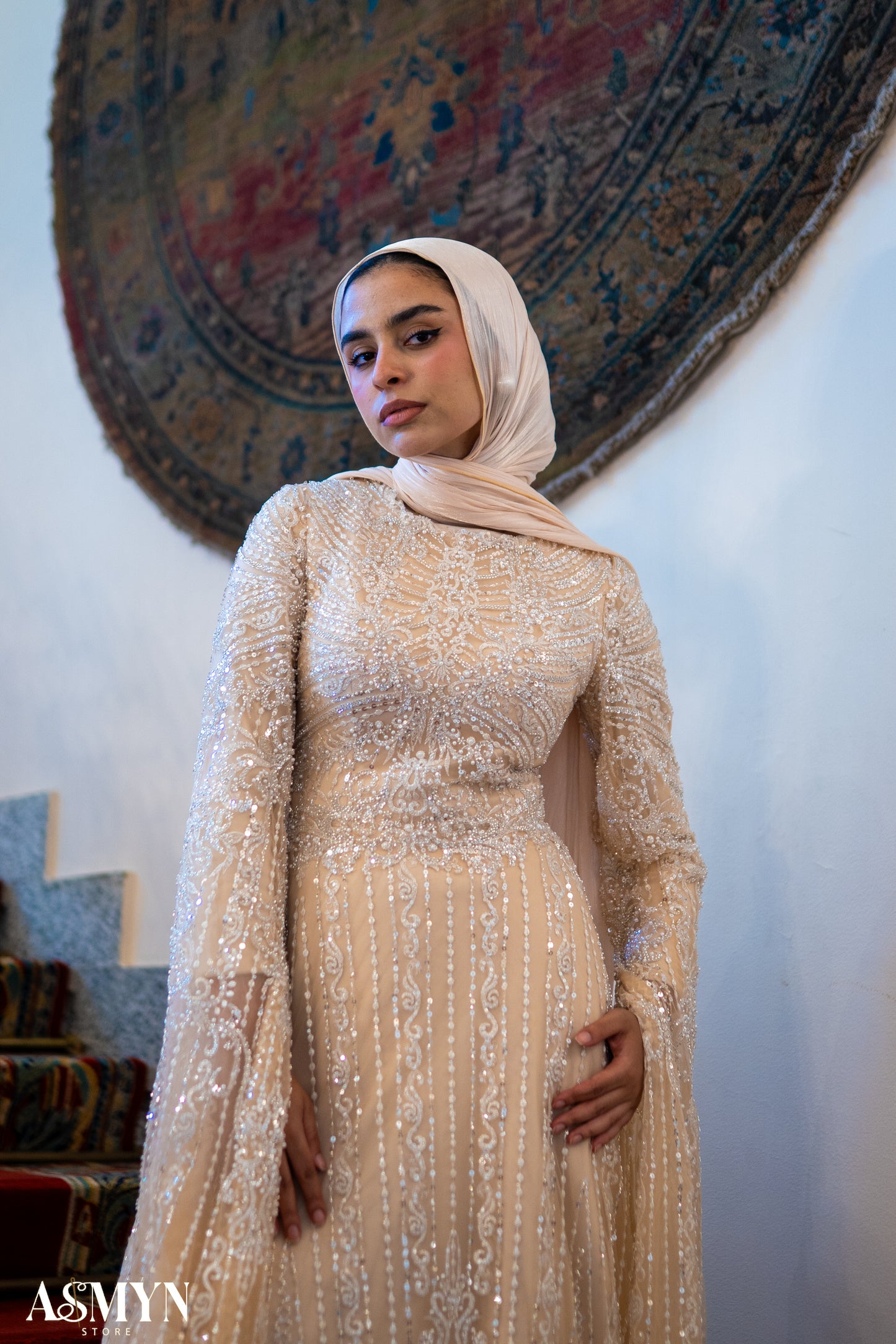 Champagne Embroidered Soiree Dress