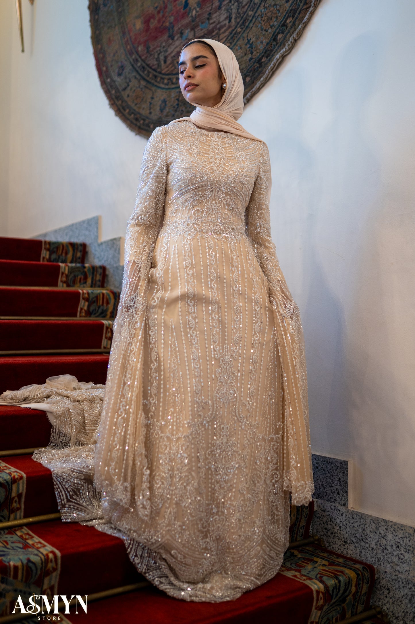 Champagne Embroidered Soiree Dress