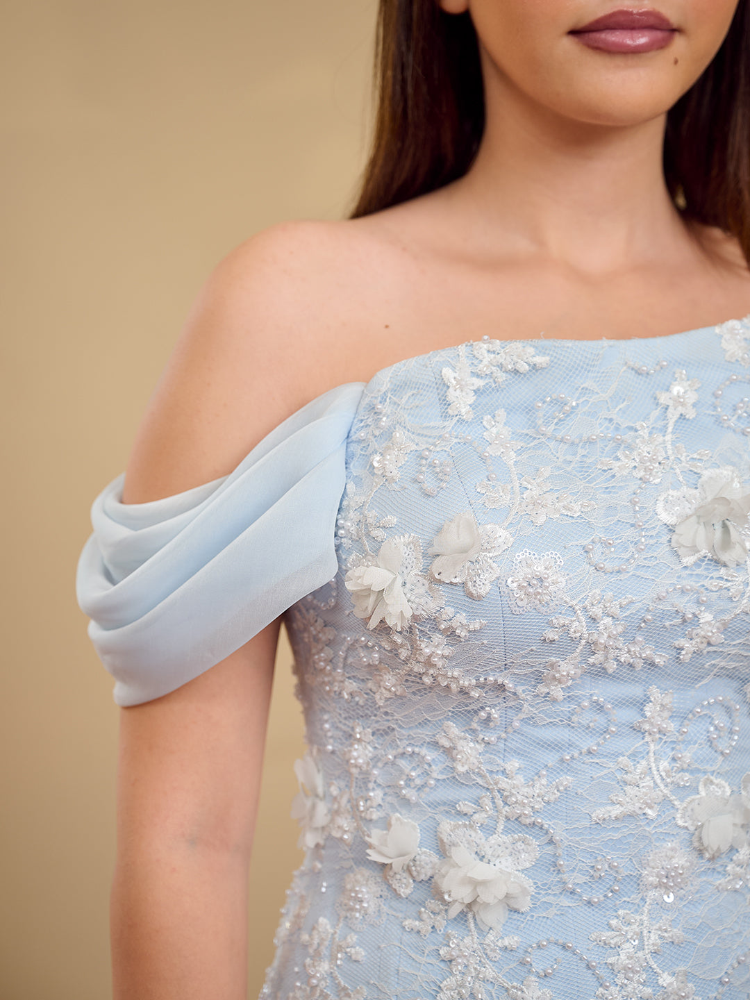 powder blue off-shoulder cascade Gown
