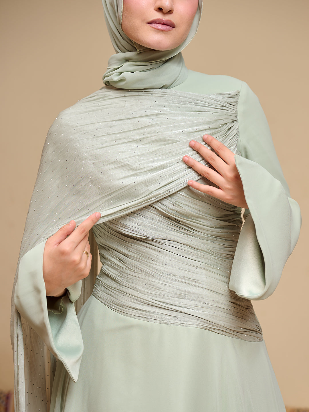 The Serene Drape Dress in Sage green – Shoulder Extension
