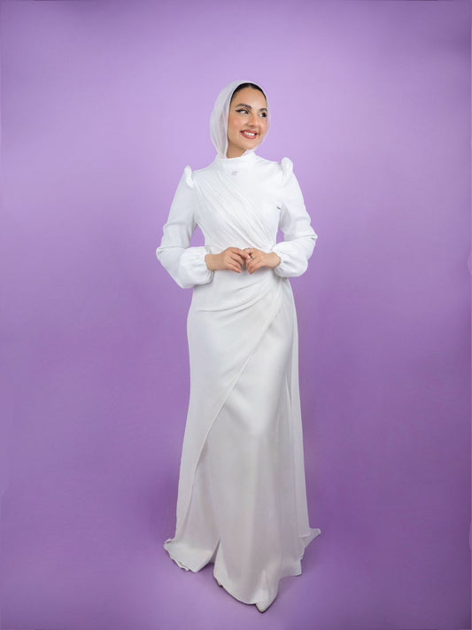 Off-white Chiffon Satin Soiree Dress with Extension