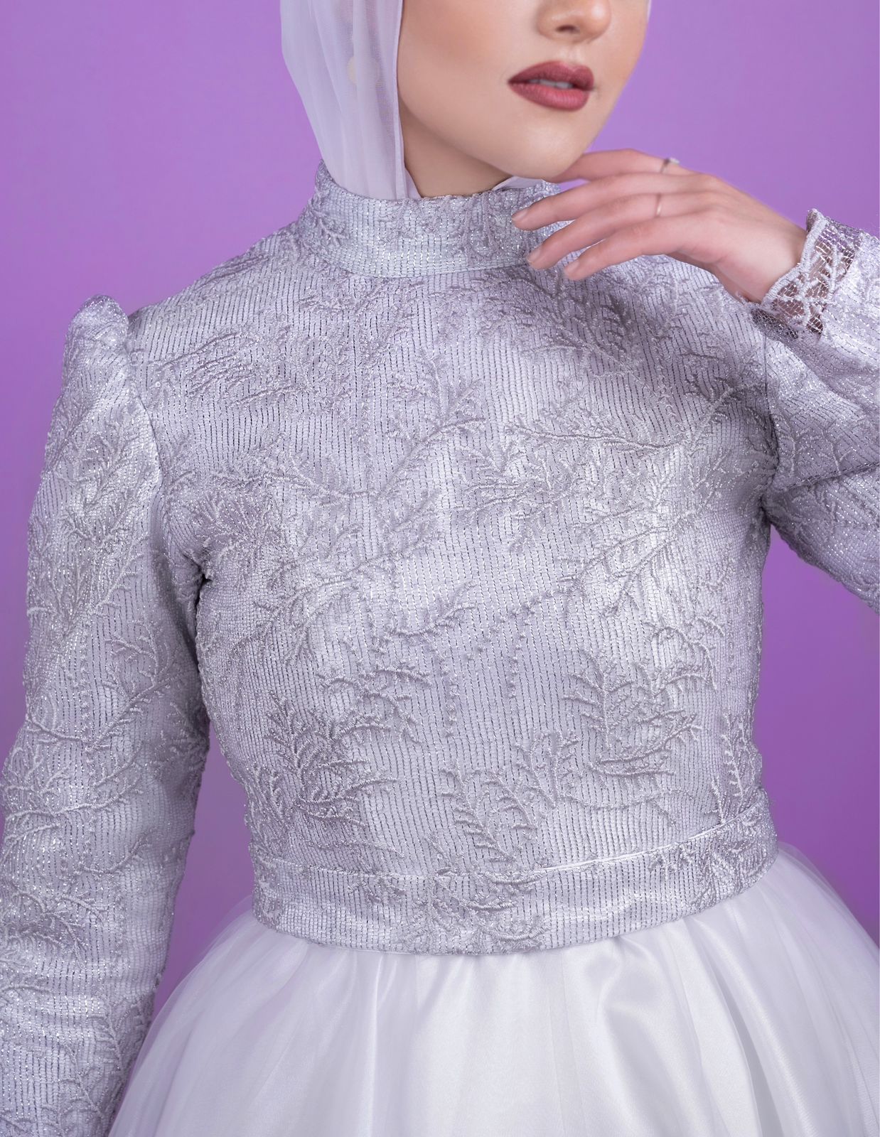 Silver Embroidered Tulle Soiree Dress