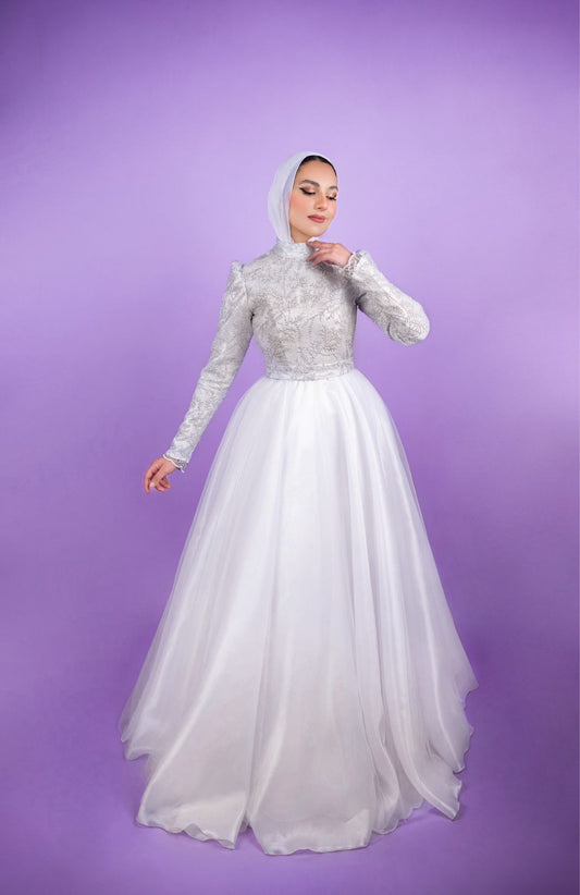 Silver Embroidered Tulle Soiree Dress