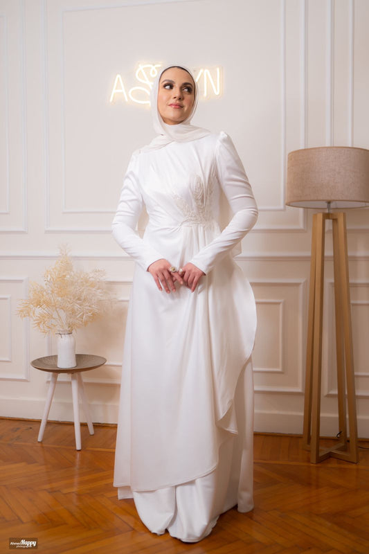 Off-white Wrapped Embroidered Satin Soiree Dress