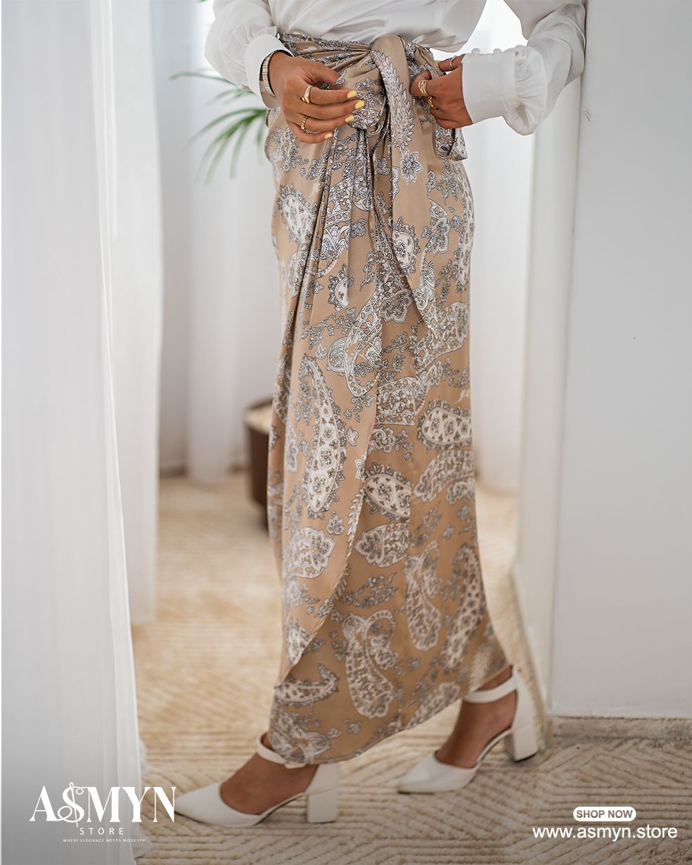 Beige Printed Satin Wrap Skirt