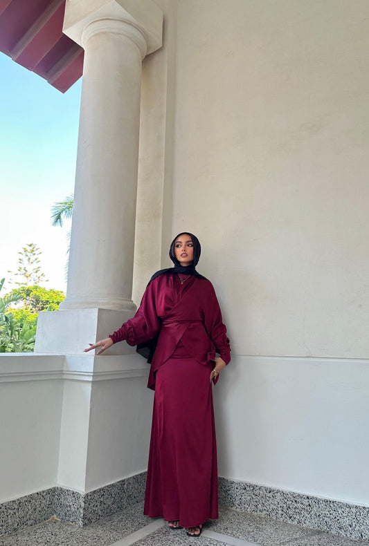 Burgandy Satin Dress Set