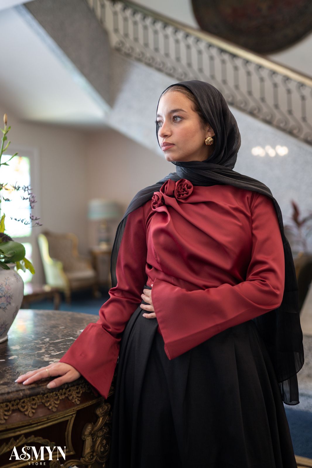Red Satin Soiree Blouse with One-side Shoulder Flowers