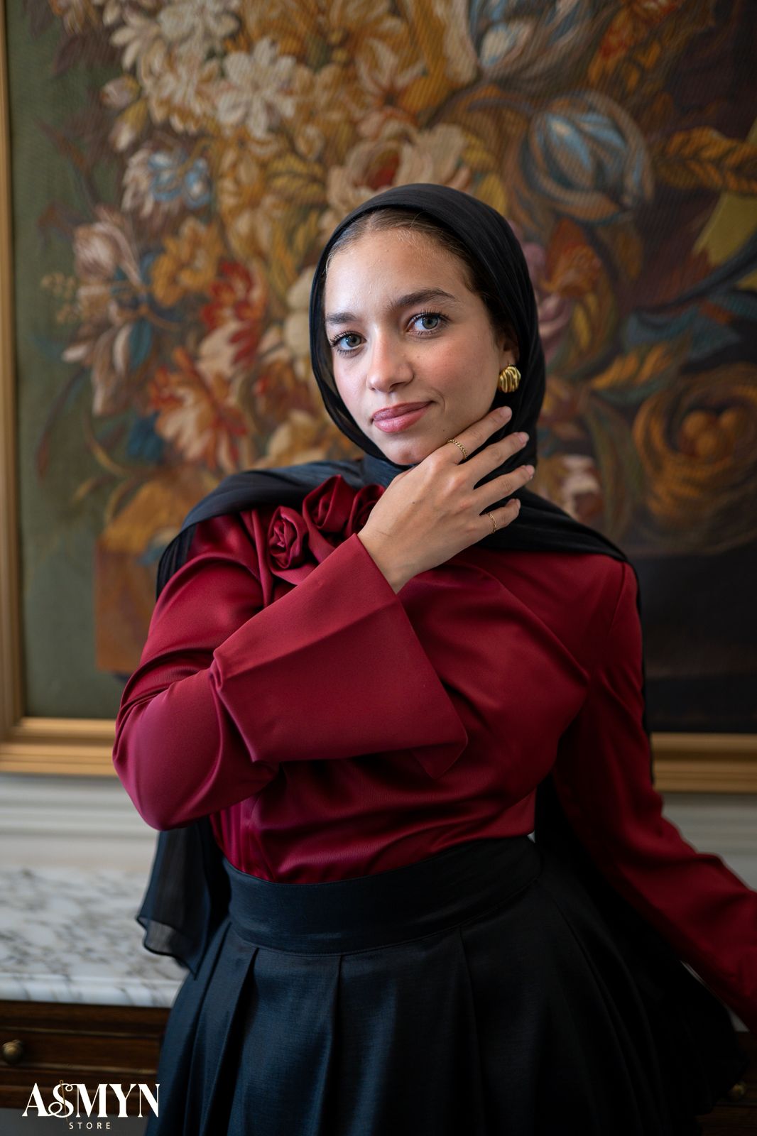 Red Satin Soiree Blouse with One-side Shoulder Flowers