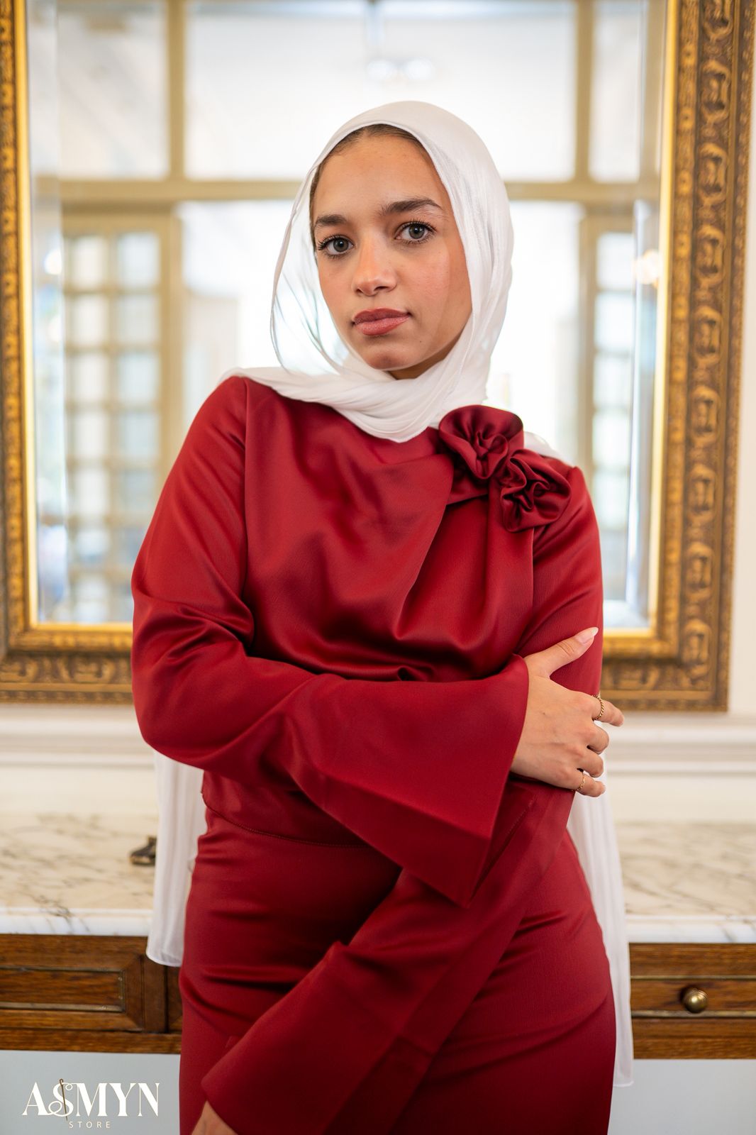 Red Satin 2-pieces Dress Set with One-side Shoulder Flowers