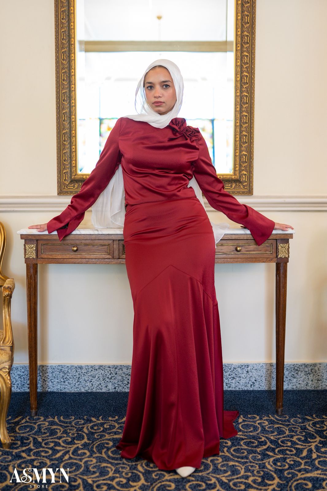 Red Satin 2-pieces Dress Set with One-side Shoulder Flowers