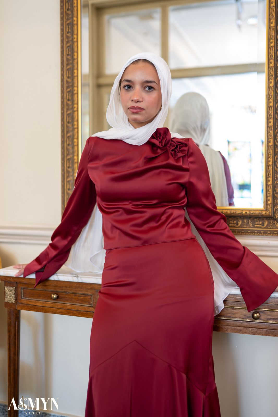 Red Satin 2-pieces Dress Set with One-side Shoulder Flowers