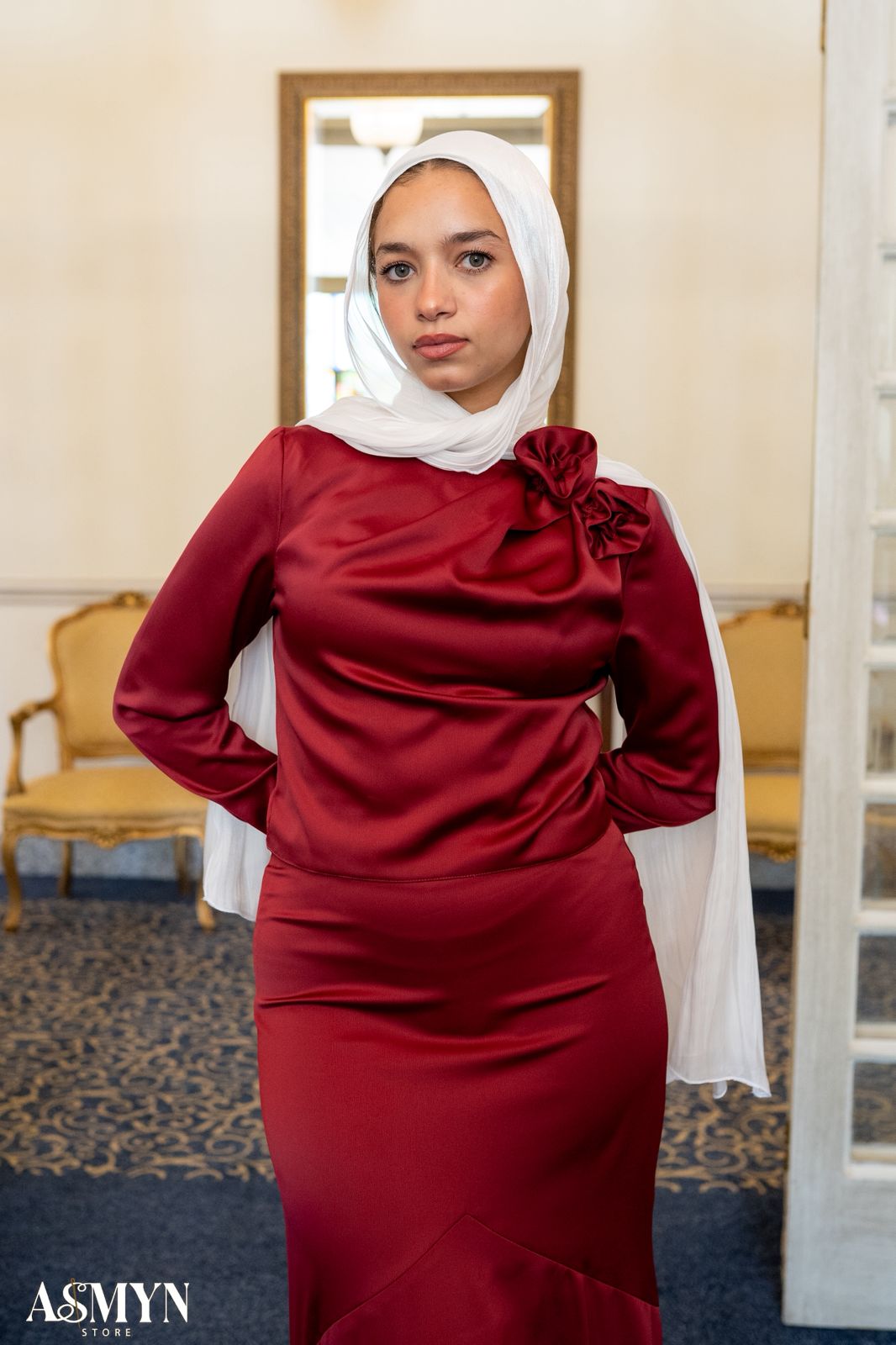 Red Satin 2-pieces Dress Set with One-side Shoulder Flowers