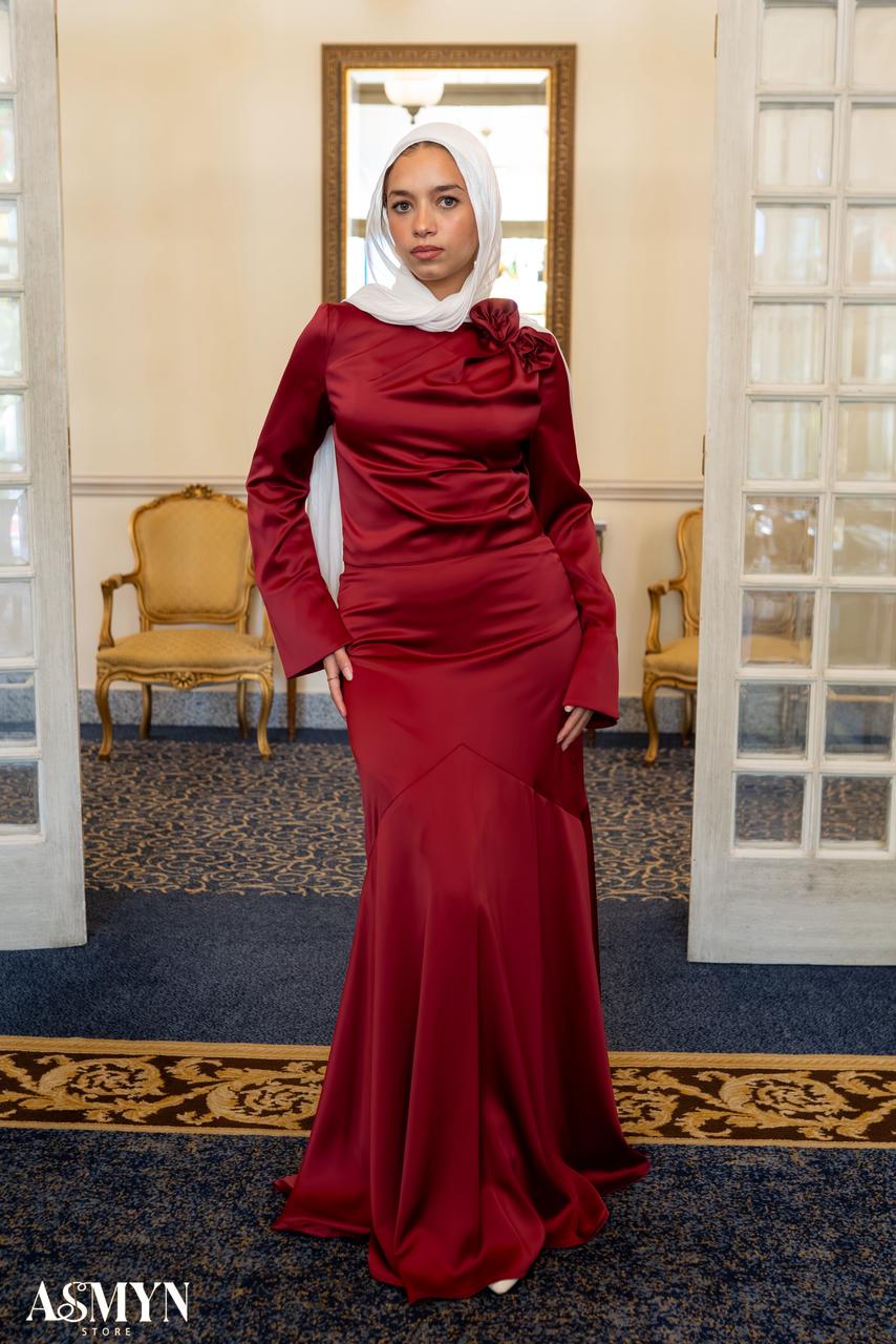 Red Satin 2-pieces Dress Set with One-side Shoulder Flowers