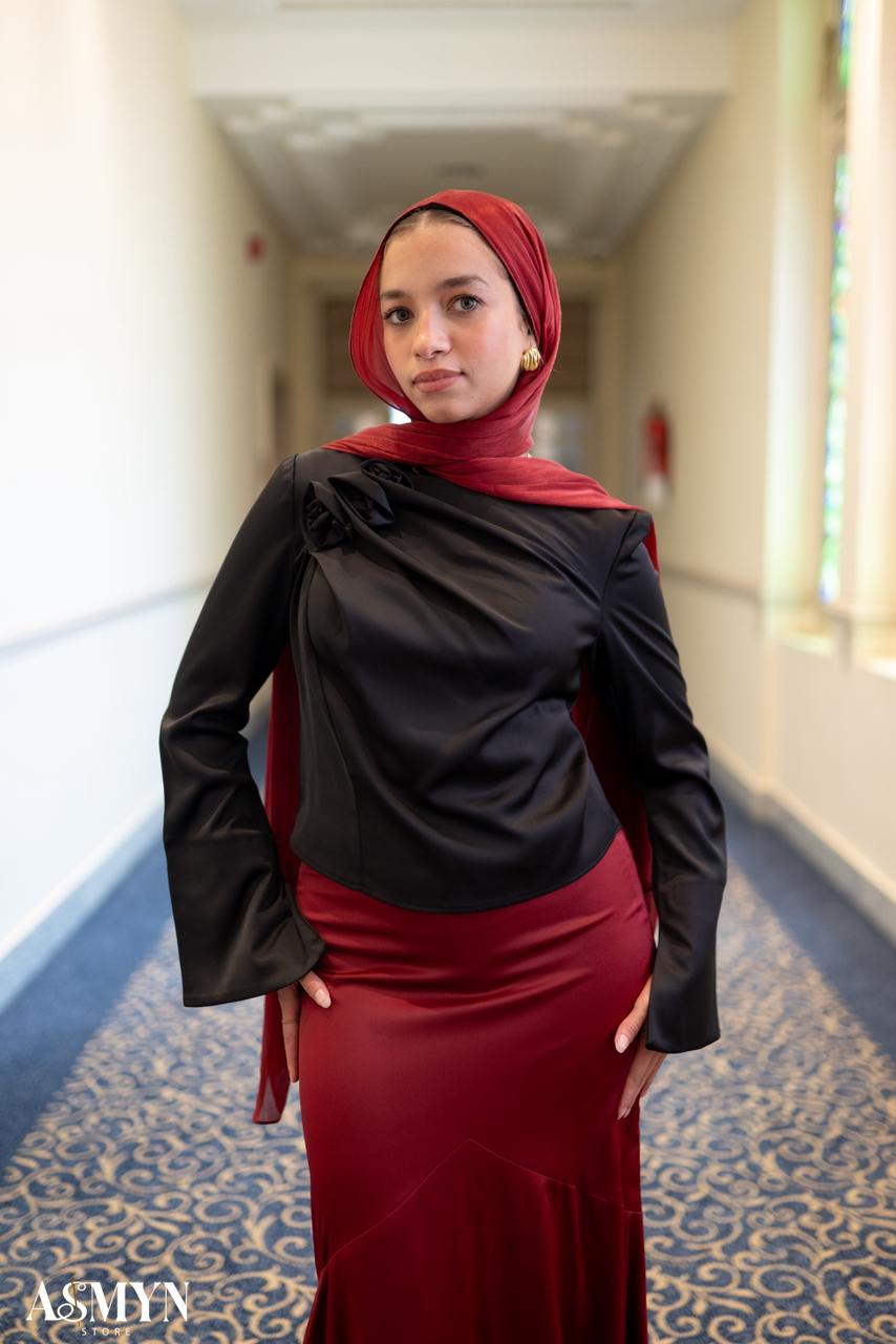 Black Satin Blouse with One-side Shoulder Flowers