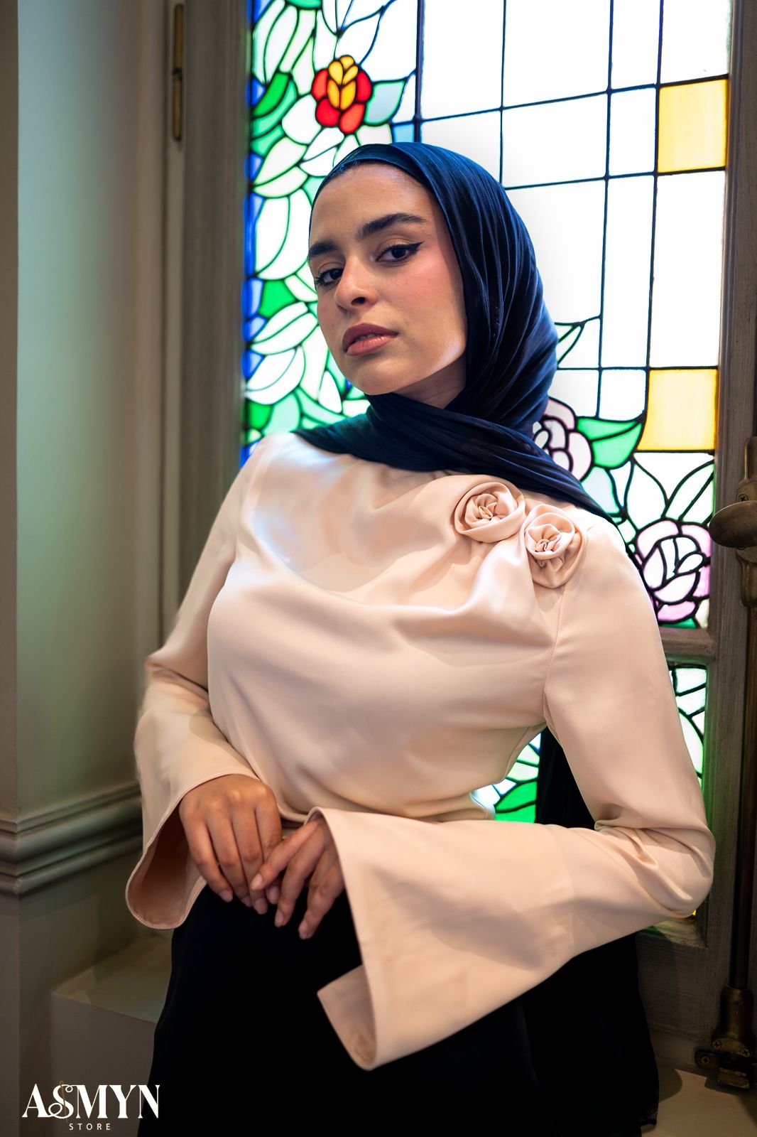 Champagne Satin Blouse with One-side Shoulder Flowers