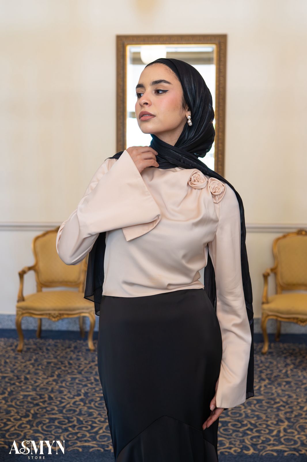 Champagne Satin Blouse with One-side Shoulder Flowers