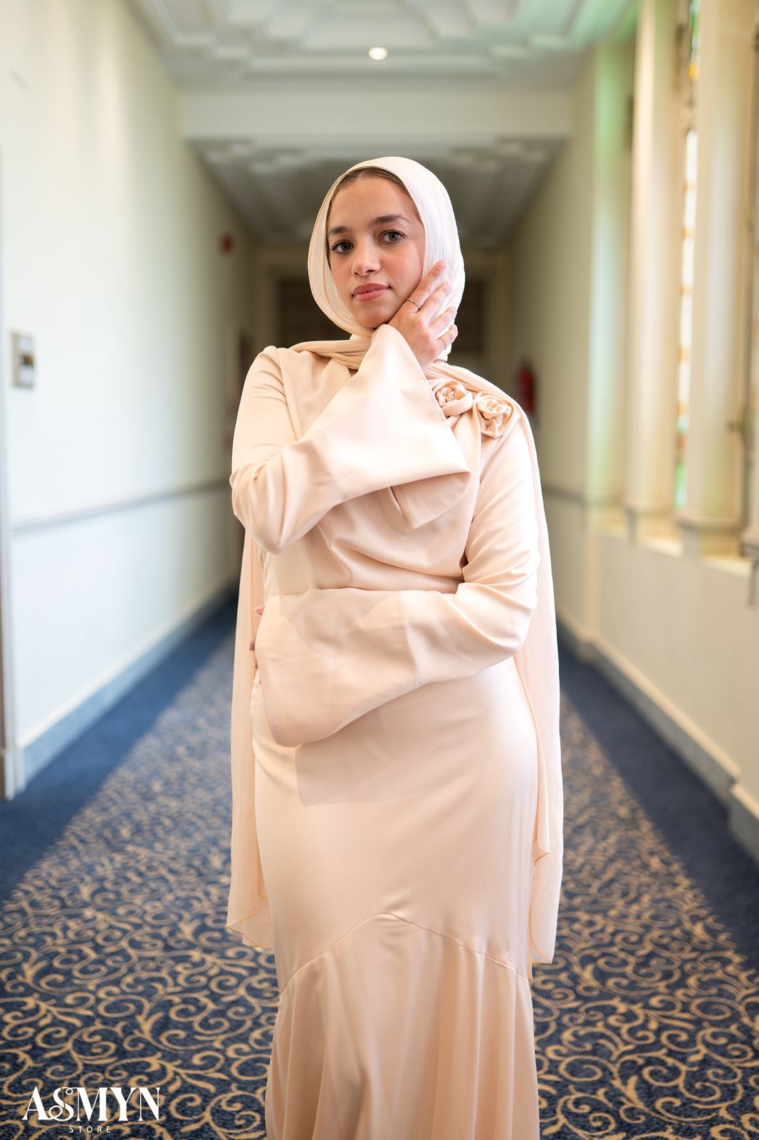 Champagne Satin 2-pieces Dress Set with One-side Shoulder Flowers