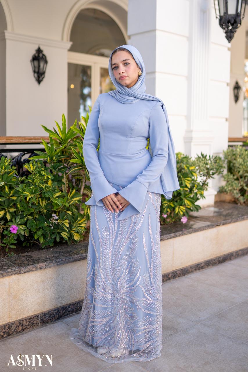Baby-blue Corset Soiree 2- Pieces Dress Set with Embroidered Skirt