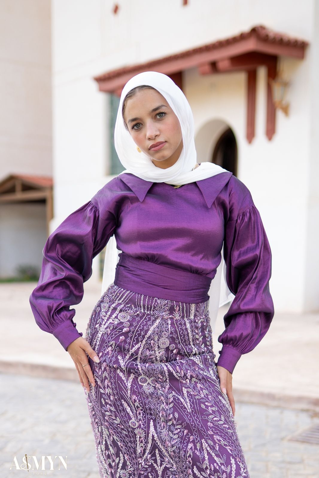 Dark Purple Soirée 2-Pieces Dress Set with Embroidered Skirt