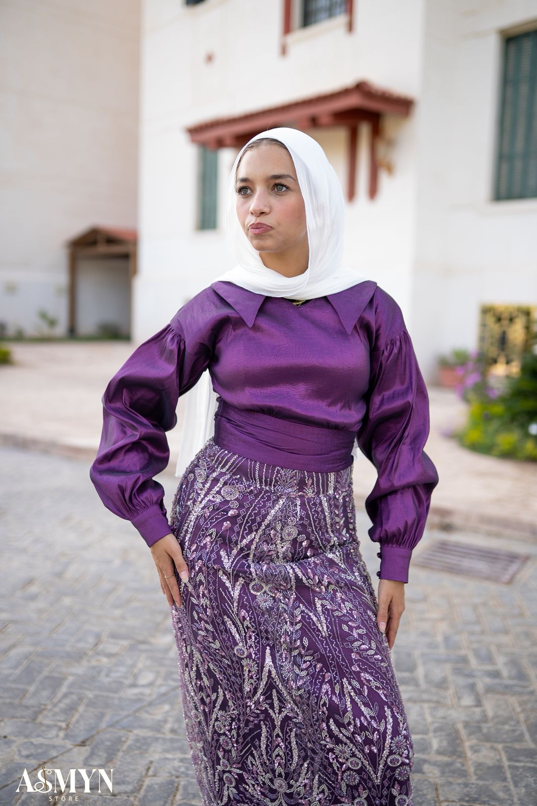 Dark Purple Soirée 2-Pieces Dress Set with Embroidered Skirt