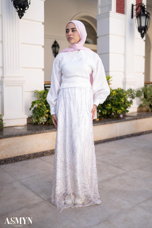 Off-white Soiree 2-pieces Dress Set with Embroidered Skirt