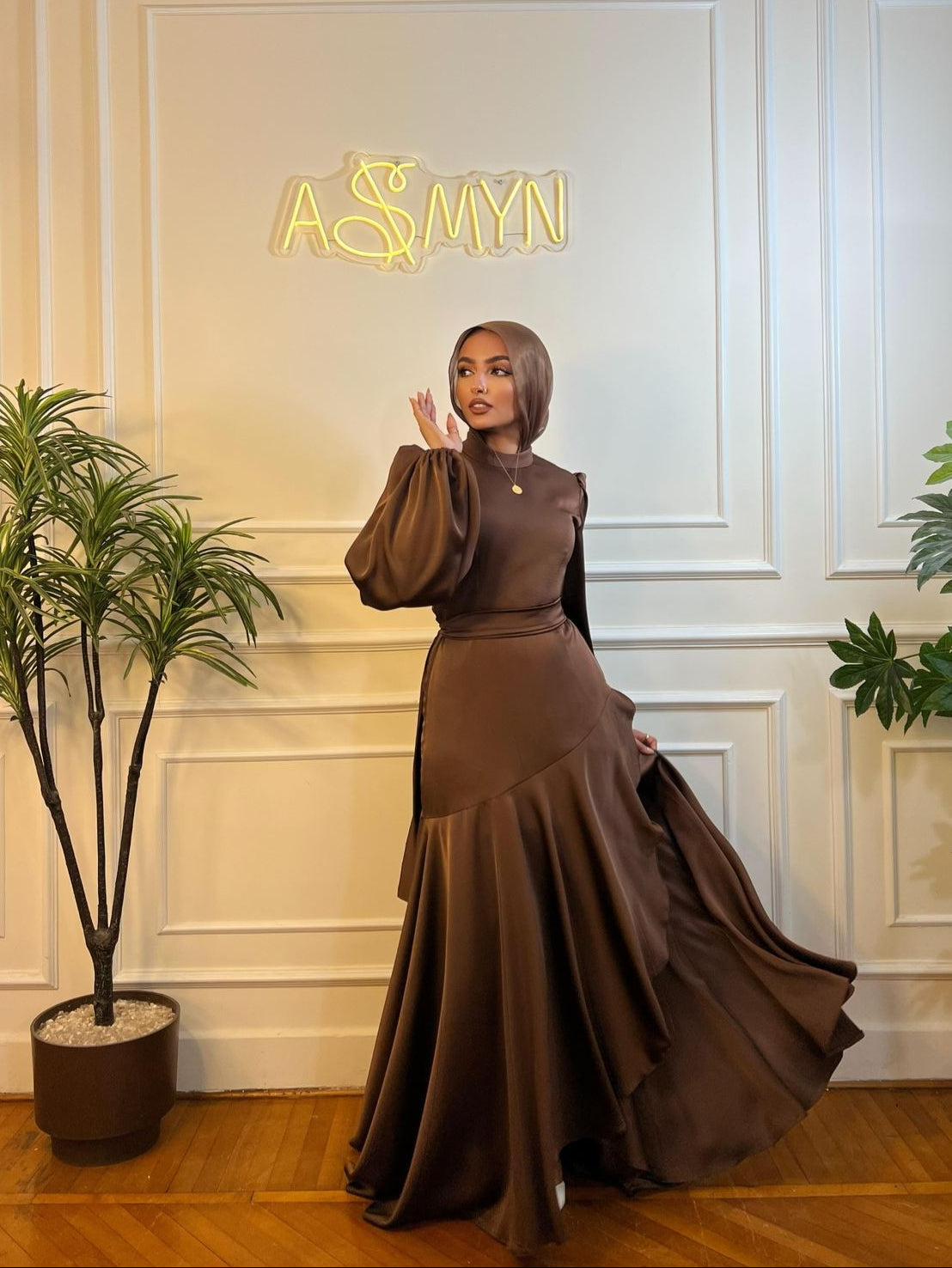 Brown Satin Wrap Dress – ASMYN