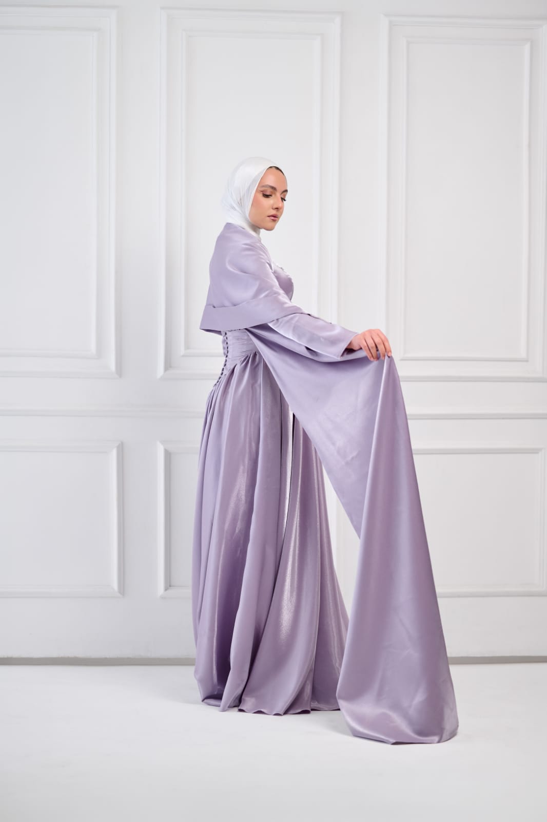 Flowing Grace Statement Sleeve Dress in Lavender