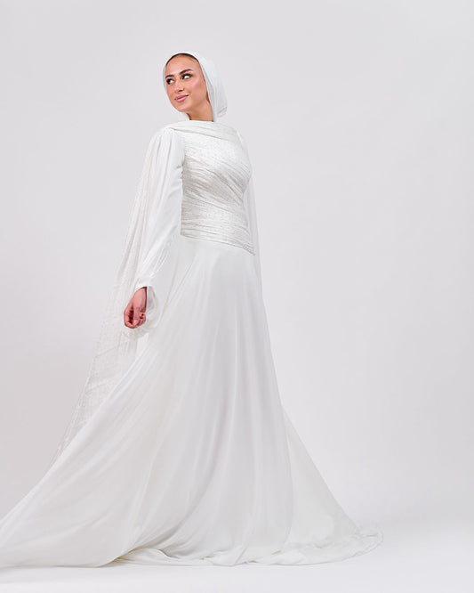 The Serene Drape Dress in Off White – Shoulder Extension & Shimmer