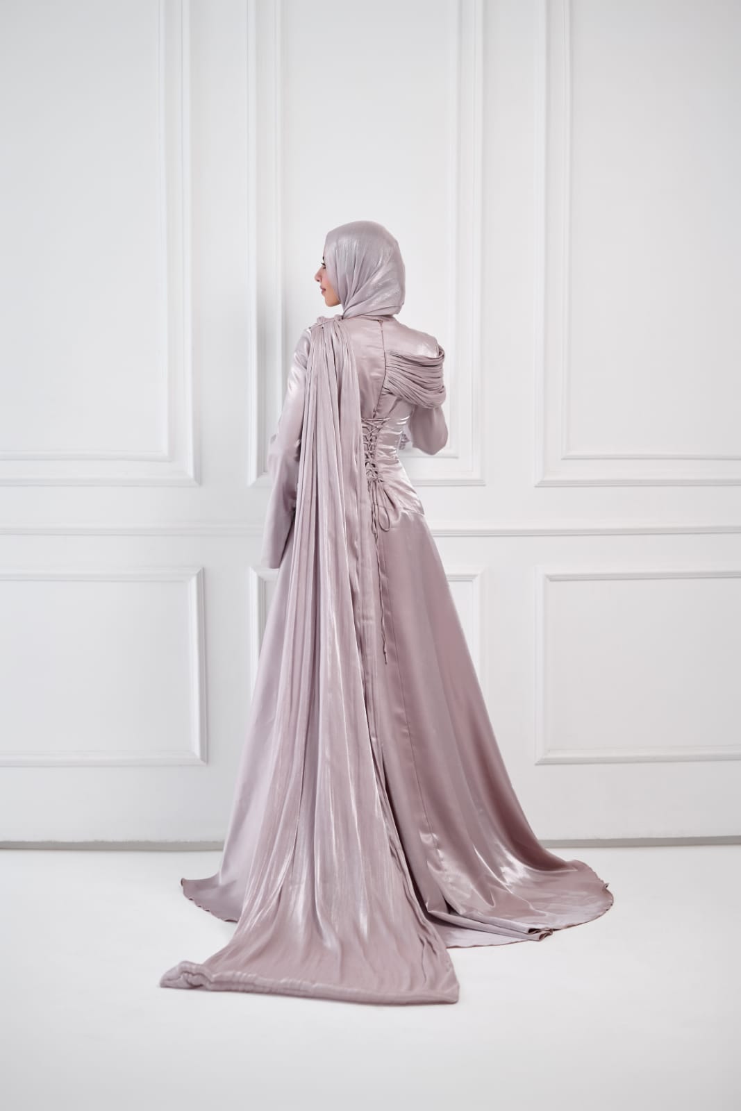 Asymmetric Grace Shoulder Drape Dress in Lilac