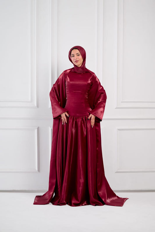 Flowing Grace Statement Sleeve Dress in Burgundy