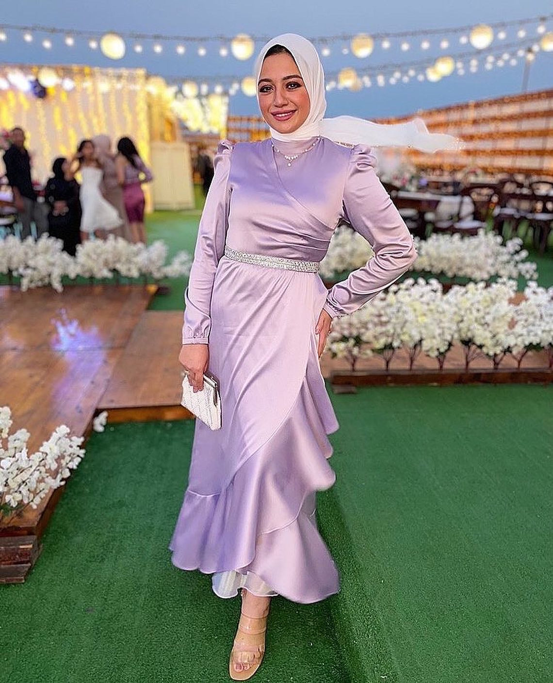 Lilac Satin Soiree Dress with Wrap Waist