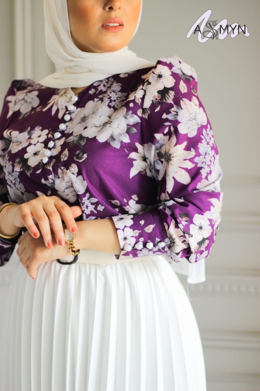 Purple Floral Buttoned Satin Blouse