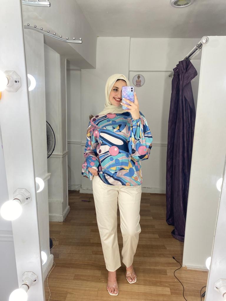 Patterned High Neck Satin Blouse with Puffy Sleeves