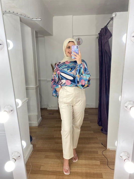 Patterned High Neck Satin Blouse with Puffy Sleeves
